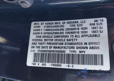 2019 Honda Cr-V Ex-L z USA, uszkodzony, nr VIN 7FARW2H8XKE045693